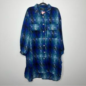 NWT DRESSED IN LALA Wool Blend Plaid Shirt Dress Blue S/M